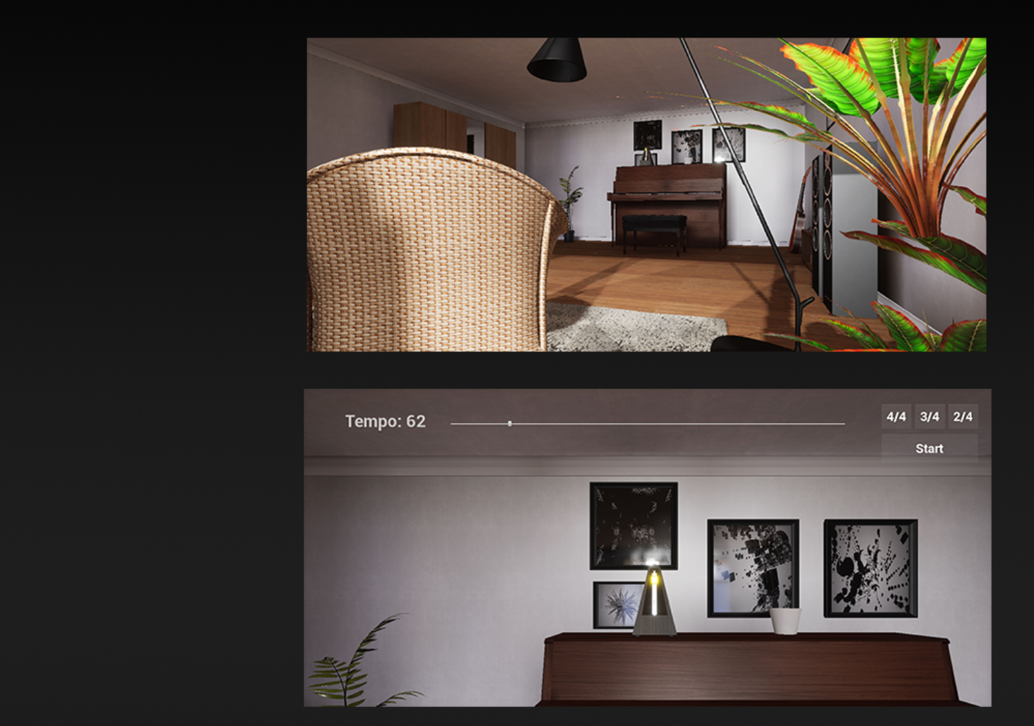 LH Metronome interface showing a real-time 3D music room and tempo controls